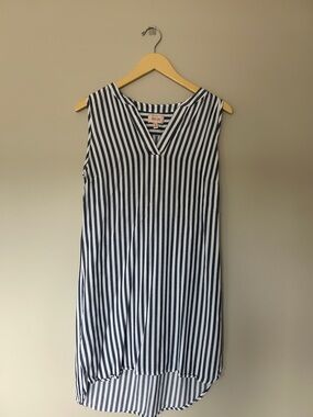 Per Se Navy & White Vertical Stripe Sleeveless Midi Dress